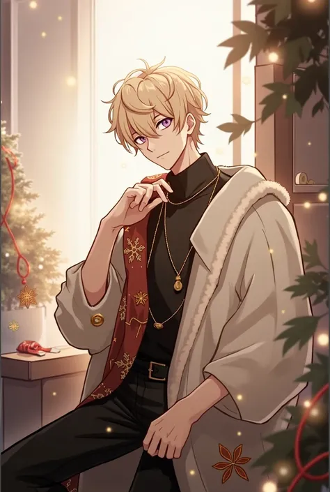 Christmas man night beige hair purple eyes