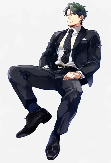 male focus, solo, ikemen, mature, male only, tough man, bold, eyes fix, flat chest, sturdy waist, 50 years old, office worker, collared shirt, tie, three piece suit, belt, slacks, tight clothes, whole body, sitting, invisible chair,  looking at viewer, (wh...