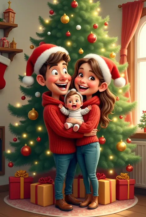 Christmas Themed Full Length Couple Caricature with  in Arms with Christmas Tree in Cartoon Style 