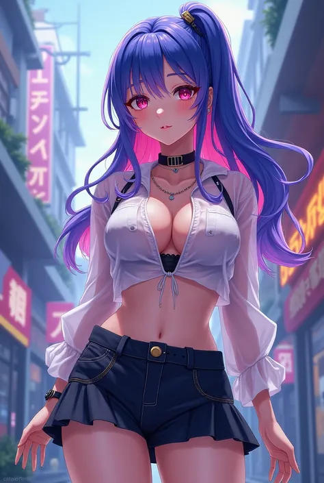  From anime with short skirt and transparent blouse tied together huge boobs and big ass blue hair and pink locks