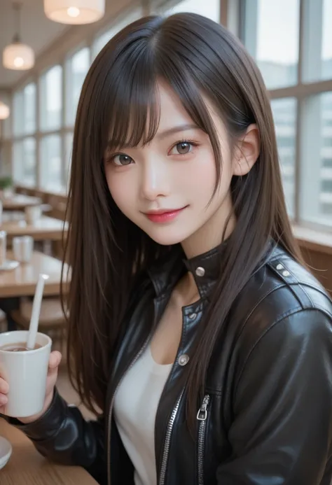  score_9, score_8_up, score_7_up, super detailed, Exquisite Resolution   ,   detailed beautiful face and eyes,  black hair,   straight hair ,smile,   from a point of view  ,  viewers of the pin, cafe in the fantastic moonlight、fashionable jacket