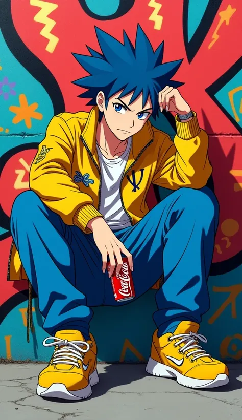 

"An urban street-style anime character sitting in front of a vibrant graffiti wall. The character has spiky blue hair and a confident expression, wearing a bright yellow jacket with sporty designs, blue baggy pants, and yellow sneakers with white details...