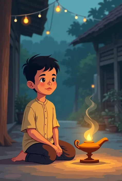 A simple flat illustration of a young street boy sitting beside a glowing magic lamp in a rustic village setting. He wears traditional Malaysian clothing, such as a simple Baju Melayu and songkok. The scene uses earthy tones like brown and muted blue, with...