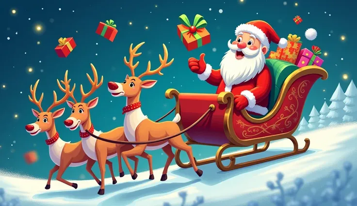 Santa Claus on a sleigh pulled by reindeer, throwing gifts with a big smile as ren cheer around him." Cartoon