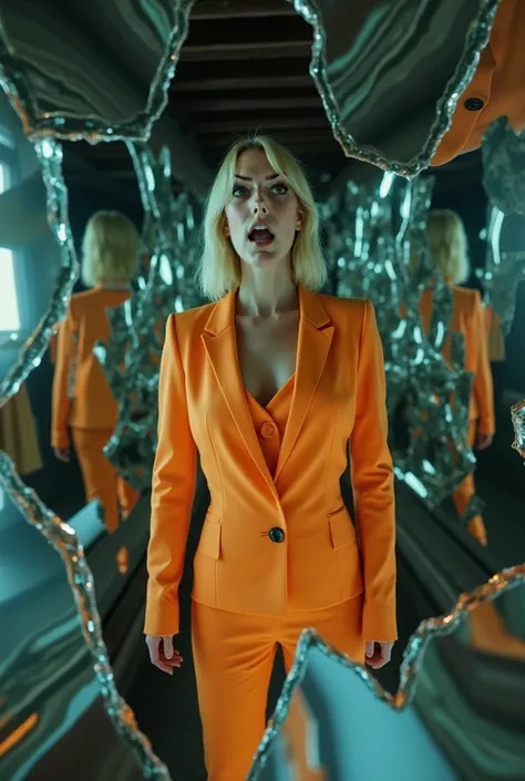 I create a distorted image of broken mirrors reflecting the same person in all the cracks, blond, She is standing with a surprise reaction, she is screaming, CABIN CREW ((show big glow suit)), blonde hair, AMBER HEARD