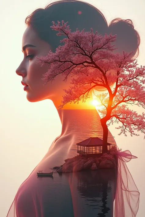 high quality, 8K Ultra HD, A beautiful double exposure that combines an goddess silhouette with sunset coast, sunset coast should serve as the underlying backdrop, with its details incorporated into the goddess , crisp lines, The background is monochrome, ...