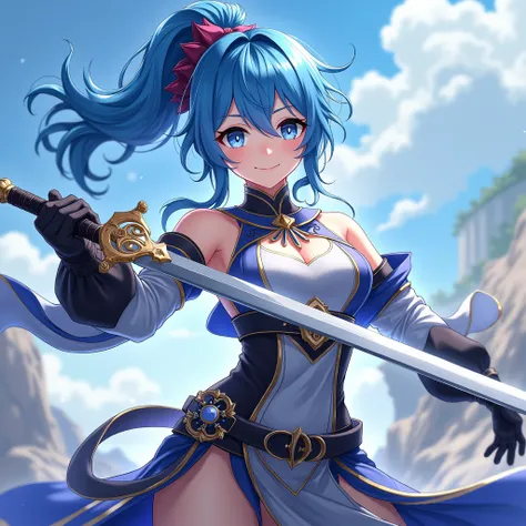  anime-style image of a woman with blue hair and a sword,  Genshin impact,  Genshin impact impact character, Key anime art, keqing from  Genshin impact impact,   tall anime boy with blue eyes  ,  Genshin impact impact style ,  Genshin impact impact, From t...