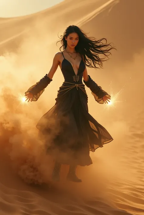 A stunning half-Asian, half-Caucasian mage levitating in the air during the heart of a desert storm. Her body radiates power and control as she creates a shimmering force field around her, protecting herself from the relentless sand and fierce winds. The s...