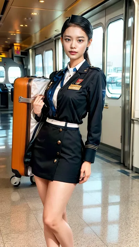 A beautiful, 24-year-old Japanese woman with perfect anatomy, healthy thighs, beautiful legs, beautiful skin, random hair color and style, large breasts, (wearing a flight attendant uniform with a mini-skirt:1.3), (she is standing:1.2), full body shot, pum...