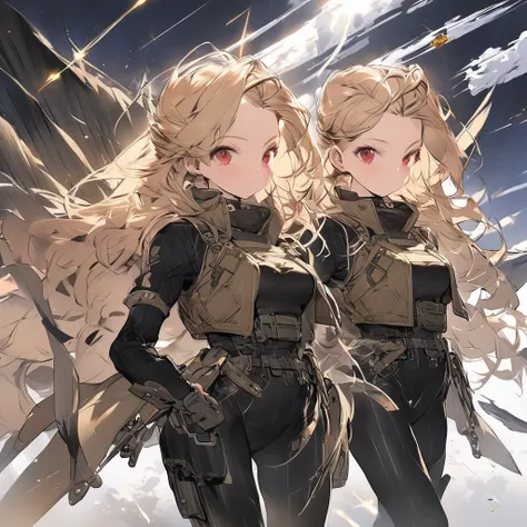 Concept art ,Tall girl, medium breasts, gold valley hair, military clothing , military bomber,body armor , nylon tights, military boots, red eyes. 2 variation clothing
