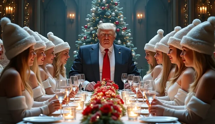 Realistic Donald Trump ,  10 girls with big breasts dressed as snow maidens ,  10 scary fat JABBA sit at the big New Years table.   against the background of a futuristic castle inside , there is a Christmas tree ,  under which there are a lot of gifts .