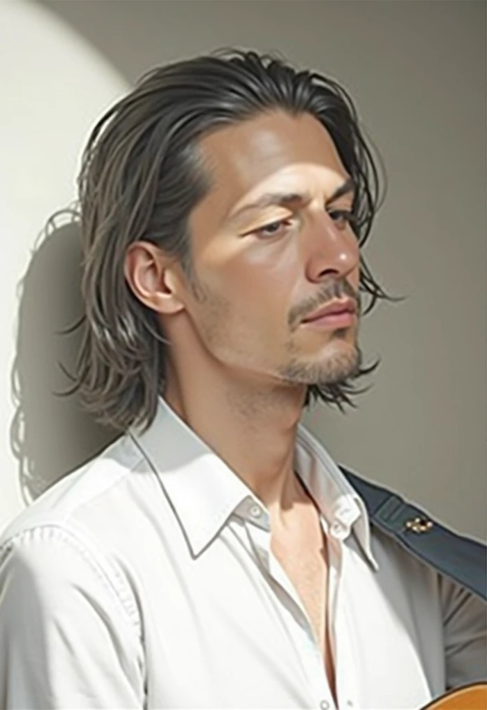 Long hair man,playing guitar,photorealistic