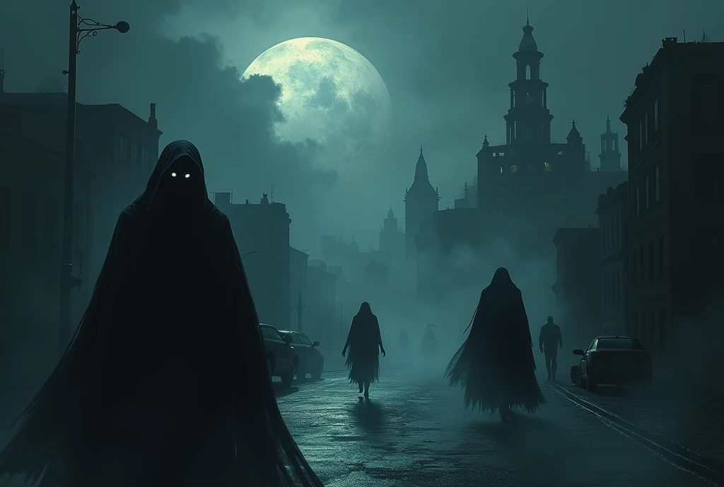  Scary shadows crawl through the houses of the big city,  smiling cunningly and rubbing your hands . Night,  the moon hid behind the clouds , the wind makes an angry noise ,  fog and many unpleasant images, ghosts, Mysticism