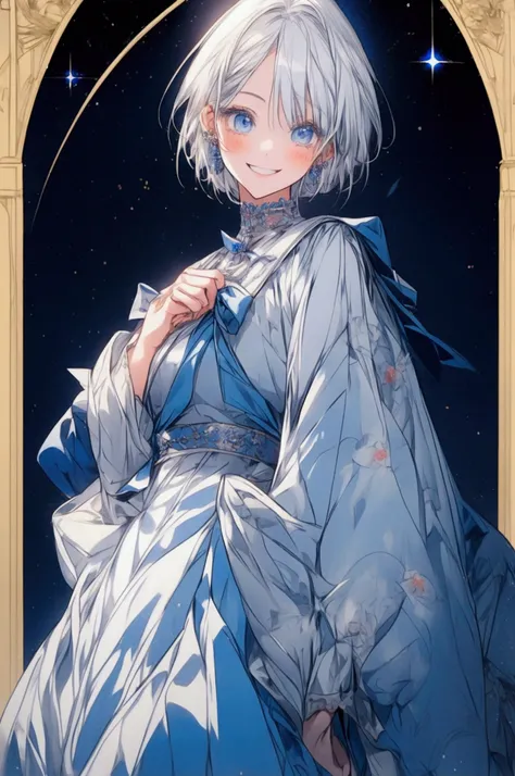 A very beautiful anime girl with light short hair. Hair will be silky and straight. white hair. Wearing college dress. Height will be about 5 feet. smile on face & Smile is very beautiful. wearing blue dress.