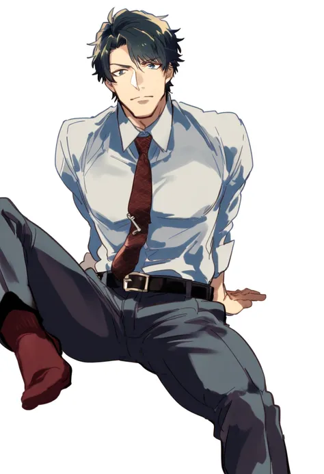 male focus, solo, ikemen, mature, male only, tough man, bold, eyes fix, flat chest, sturdy waist, 50 years old, office worker, collared shirt, tie, three piece suit, belt, slacks, tight clothes, whole body, sitting, invisible chair,  looking at viewer, (wh...