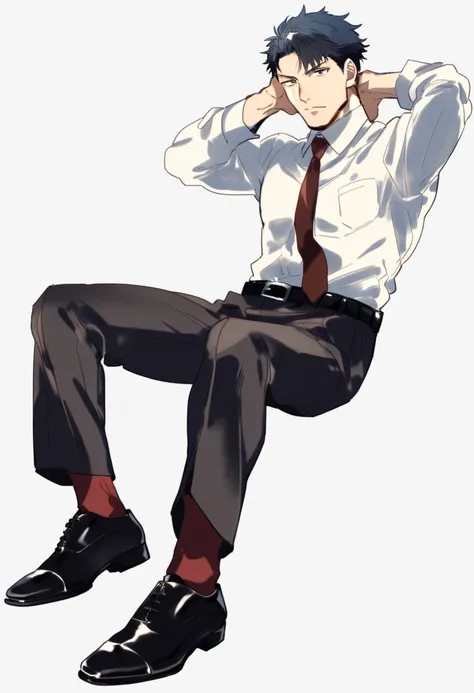 male focus, solo, ikemen, mature, male only, tough man, bold, eyes fix, flat chest, sturdy waist, 50 years old, office worker, collared shirt, tie, three piece suit, belt, slacks, tight clothes, whole body, sitting, invisible chair,  looking at viewer, (wh...