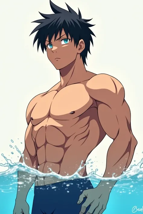 Create an image An anime boy  ,high,Beautiful medium black hair , aquamarine eyes, very muscular, white,professional swimmer  ,anime, full body,intimidating,Very handsome like in the anime Splash Free Colo Haruka Nanase 
 