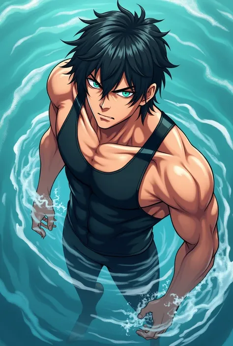 Create an image An anime boy  ,high,Beautiful medium black hair , aquamarine eyes,   muscular , white,professional swimmer  ,anime, full body,intimidating,Very handsome like in the anime Splash Free like Haruka Nanase 
 