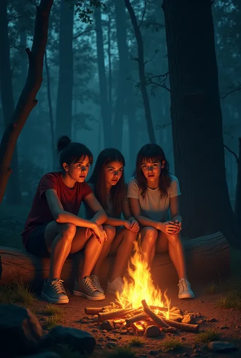 Create an image of teenagers sit on a log in the wood, they scared, they are arround a firecamp in the wood
