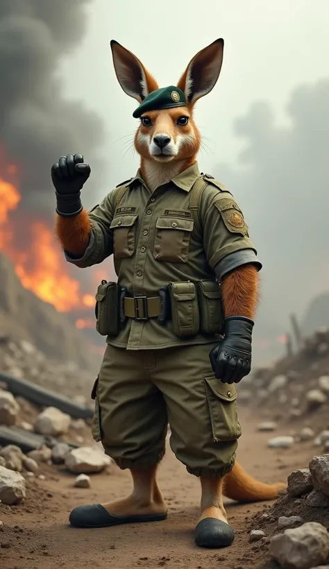 Military kangaroo in army clothes making 1 with your hand