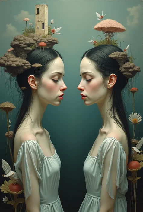 Surrealist painting with two sisters