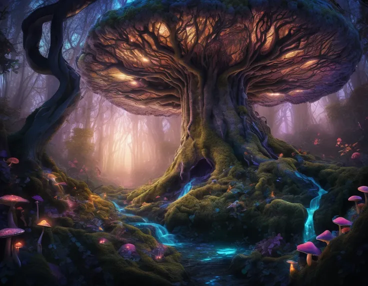 Enchanted Moonlit Forest: A mysterious, moonlit forest with a canopy of twisted, gnarled trees, a glowing, magical mushroom patch, and a sense of otherworldly enchantment.