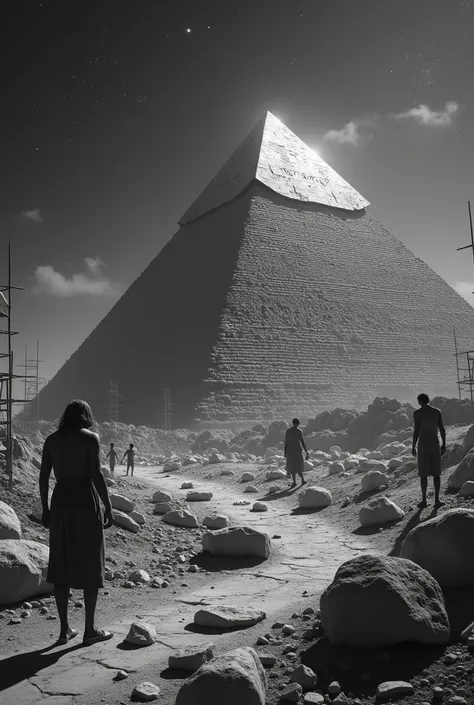  Make an image of Giants building the pyramids of Egypt.  There are scaffolding in the image .  Realistic black and white image .  Some loose stones , an engineering .  Giant slaves , Strings, wood,  Pyramids under construction.  glass sunglasses with star...