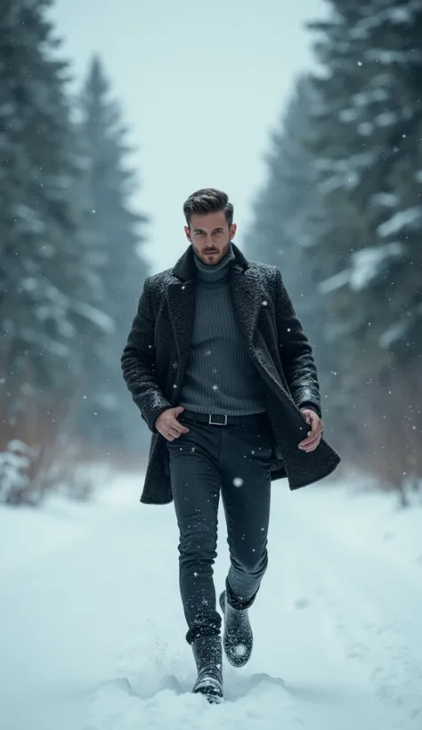 A handsome men wear turtleneck in the run snow