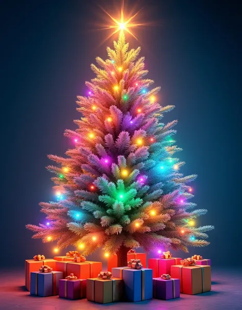 A magical Christmas tree with vibrant, rainbow-colored lights and ornaments. The branches glow softly with hues of red, orange, yellow, green, blue, indigo, and violet. The tree is surrounded by wrapped presents in matching rainbow colors."