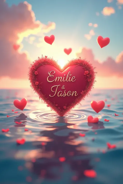 Un coeur avec écrit Emilie & Jason. Des coeurs la mer de lamour 
