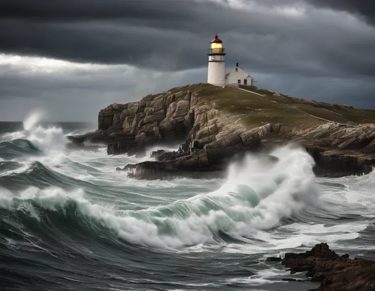 Dramatic Coastal Lighthouse: A rugged, windswept coastline with a sturdy, weathered lighthouse standing tall against the crashing waves and a stormy, dramatic sky.