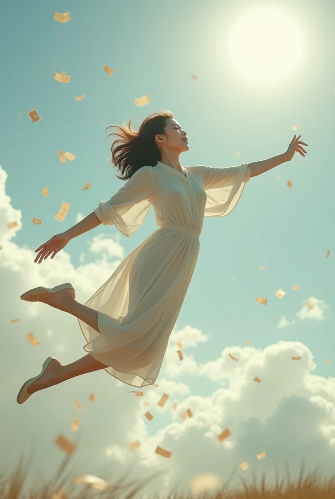   photo inspired by an araffe woman jumping in the air with confetti, Expressing joy. Krentz Kuschaert,  Brandon Woelfel , Lostrun 8k,  album art, Floating in the air,  Unsplash Contest Winning Photos ,  Inspired by NEVERCREW  ,  Turn clouds floating in th...