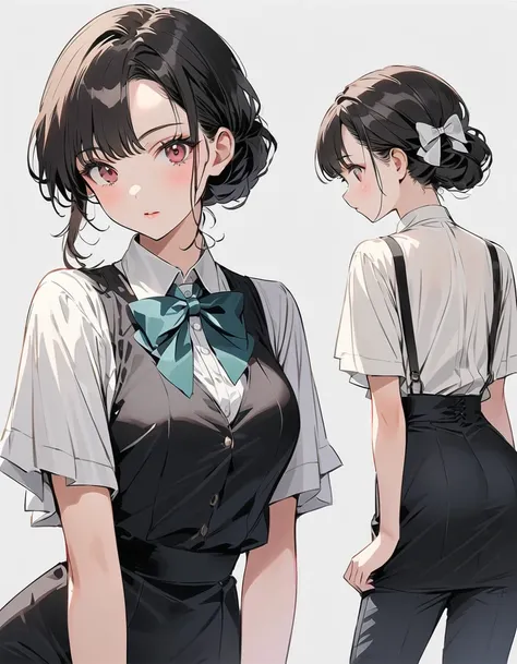 ( top quality 、masterpiece、 high resolution、 more) Animated Style 、 flat style 、( moreな目、 beautiful face),  1 woman,
rest
// fashion
Vintage chic ,
 Add a clean white shirt and complete the accessory with a colorful bow tie that enhances your personality ,...