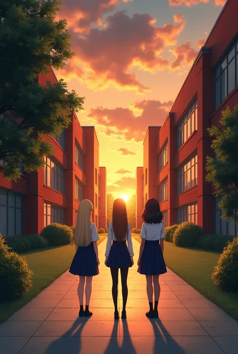  Generate an image of a serene setting in a school at dusk .  The sky is painted with warm orange and gold shades ,  illuminating a red brick building with large glass windows .  Long shadows are cast on the floor .  in the background , two students,  one ...