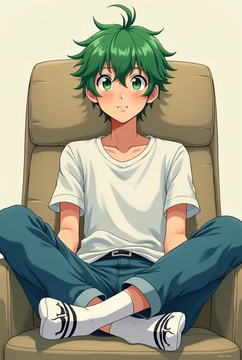 Anime male, teenager, green hair, green eyes, freckles, messy hair, blue jeans, white adidas socks, leaning back, feet up, reclining chair