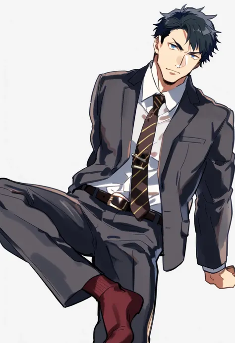 male focus, solo, ikemen, mature, male only, tough man, bold, eyes fix, flat chest, sturdy waist, 50 years old, office worker, collared shirt, tie, three piece suit, belt, slacks, tight clothes, whole body, sitting, invisible chair,  looking at viewer, (wh...