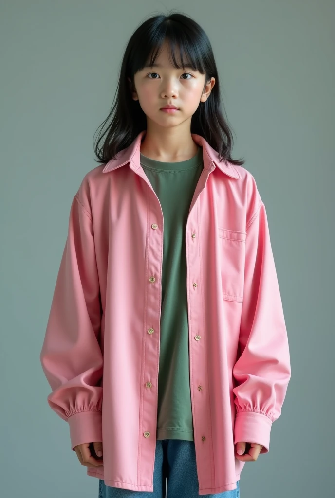 Live action Asian Pre-teen boy With Long black hair Wearing a Baggy Long Sleeved, Un-buttoned Pink Dress Shirt, With the sleeves covering his palms Over a Green T-Shirt and Blue Jeans