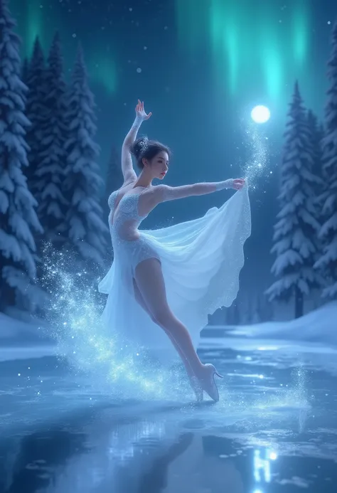 An elegant ice dancer performing a graceful routine on a frozen lake under the ethereal glow of a winter night. She wears a sparkling white dress with shimmering ice crystal details, her movements creating a trail of frost and snowflakes in the air. Her po...