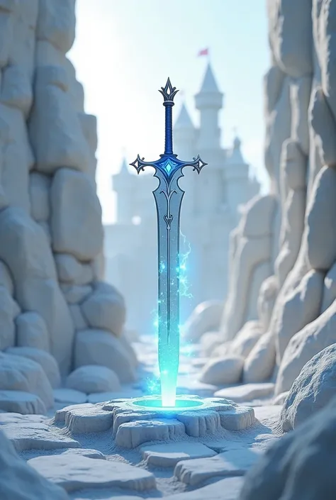 A sword embedded in a rock. The sword shines. The ground is made of white stone. A white castle in the background.