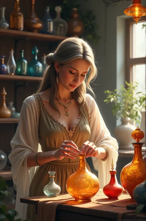 An artisan lady with bottles
