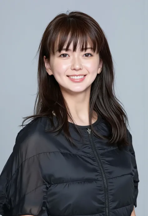 young Japanese woman、 tabe mikako、black hair、 ear piercing、Smiling Face Showing Teeth 、、 beautiful alignment of teeth、 black down jacket、Gray background
