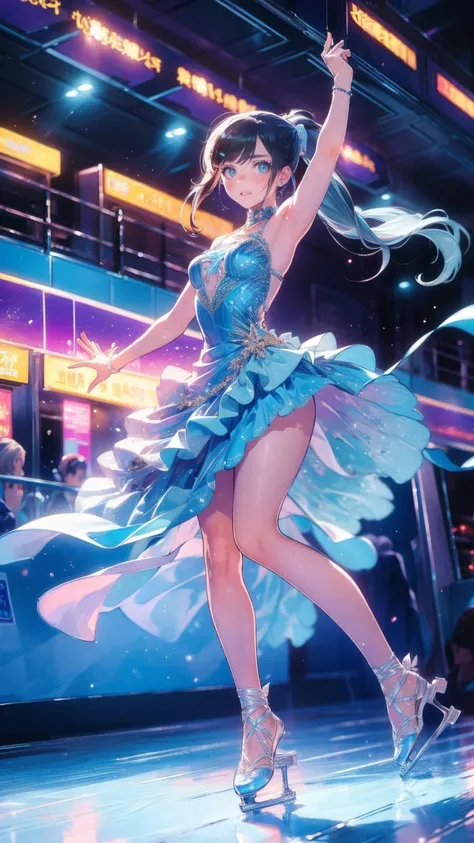 masterpiece, 最 High Quality , 超 Details,、  ice skating rink  ,Ice Dance/DANCING ON ICE 、 8K Anime Art  ,Very beautiful girl  , one woman,  ponytail, ,( 1 Woman ),Dancing on ice ,("  figure skater"),Beautiful dress,(Ice dancing ),( dynamic:1.3),( dynamic da...