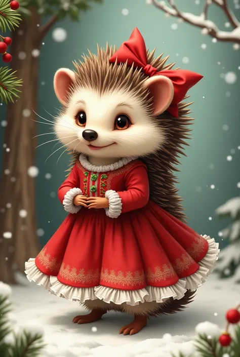 Female hedgehog with her dress and ribbon on her head like Christmas