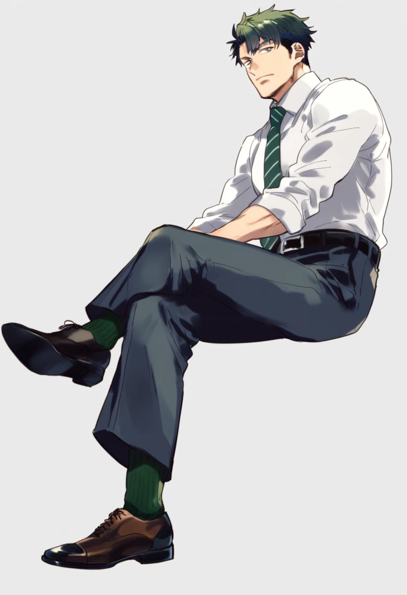 male focus, solo, ikemen, mature, male only, tough man, bold, eyes fix, flat chest, sturdy waist, 50 years old, office worker, collared shirt, tie, three piece suit, belt, slacks, tight clothes, whole body, sitting, invisible chair,  looking at viewer, (wh...