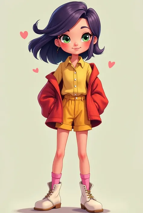 A young woman with angled, chin-length dark purple hair and green eyes with pale skin is wearing yellow shorts, a yellow button-down shirt, white ankle boots, pink socks, and a baggy red jacket in disney style 