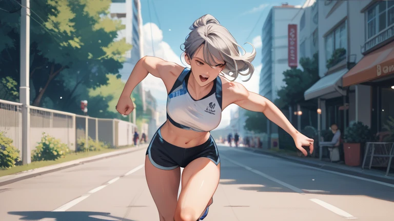 A girl with gray hair wearing white running clothes is running outside