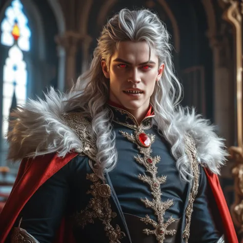 ((Best quality)), ((masterpiece)), (detailed), ((perfect face)), ((halfbody)) male, silver hair, unruly hair, crimson eyes, muscular, lean build, sharp fangs, dressed in dark, minimalist clothing, sword on hand, eyes on viewer, background: castle yard, dar...