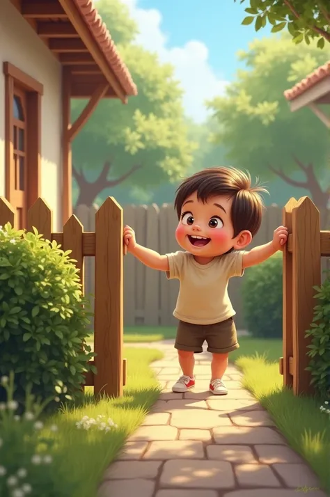 A small  is holding the fence of his house and being greeted by his friend.