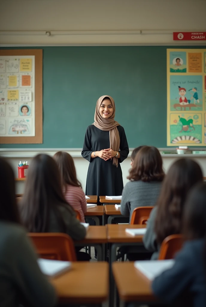 Muslim female teacher who is teaching by standing