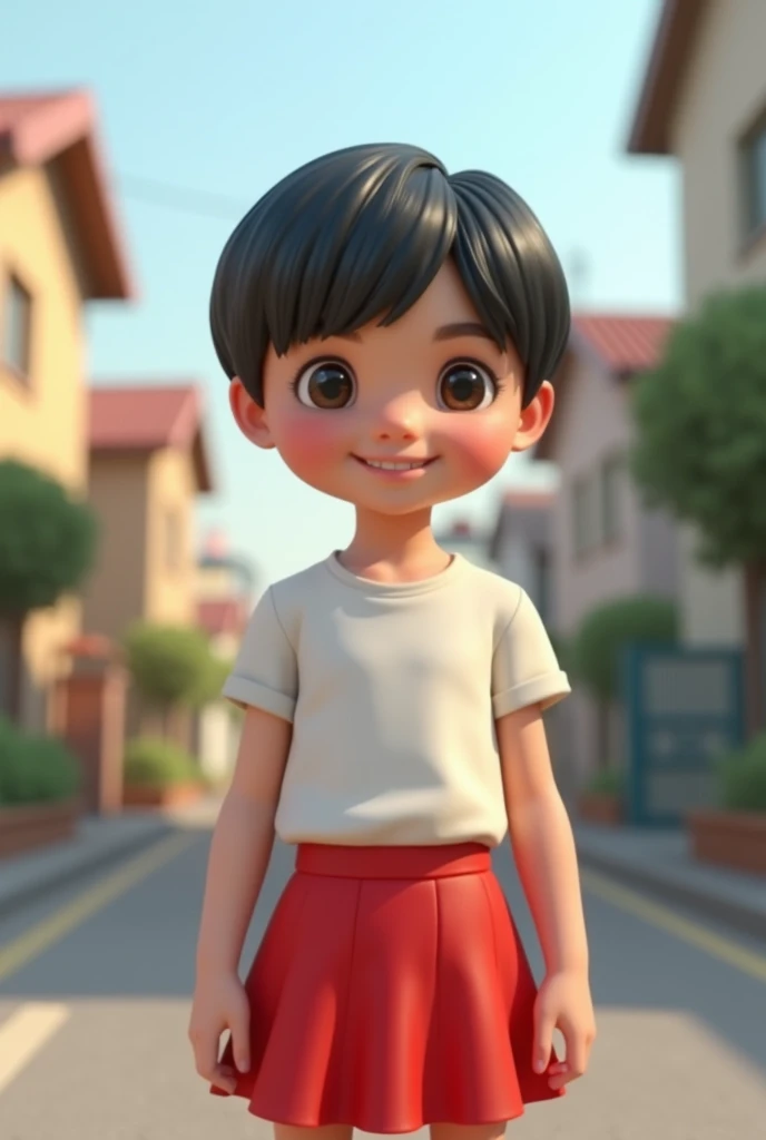 A boy in his early teens who looks like a doll、small、  black hair、 split in the center 、   white shirt、 red skirt 、smile、Residential Street、3d